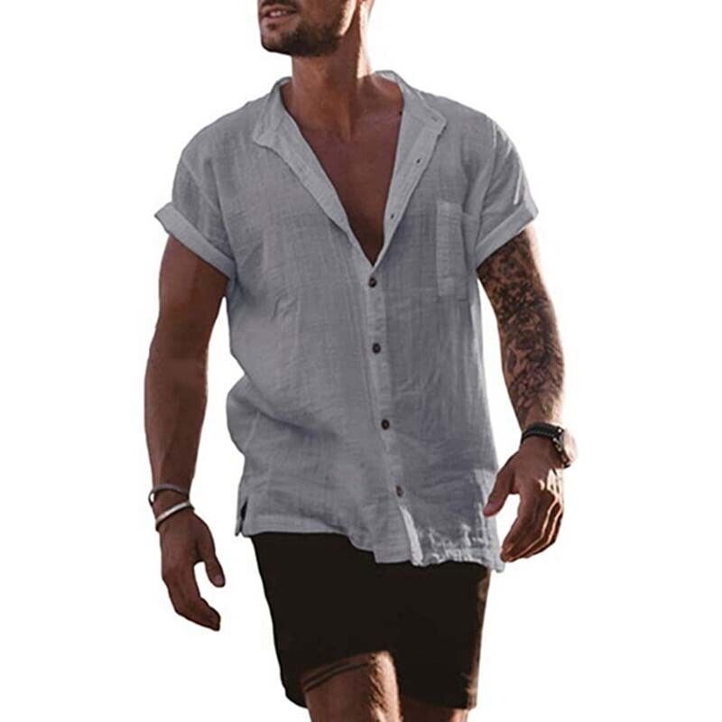 Mens Linen Shirt Short Sleeve Summer Shirts Casual Button Down Men Beach T-shirt - Picture 13 of 14