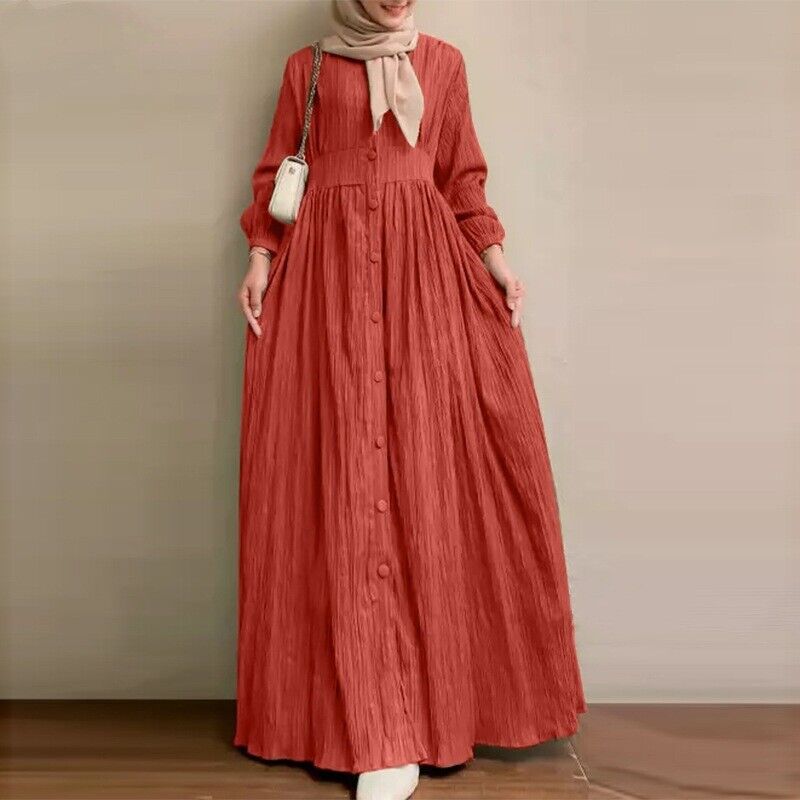 Muslim Women Dress Long Sleeved Plain Color Arab Casual Loose Shirt Dress S-5XL