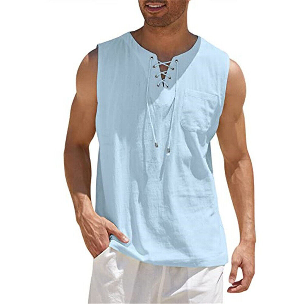 Mens Vest Cotton Linen Tank Top Summer Training Muscle Gym Tops Pack Plain M-3XL