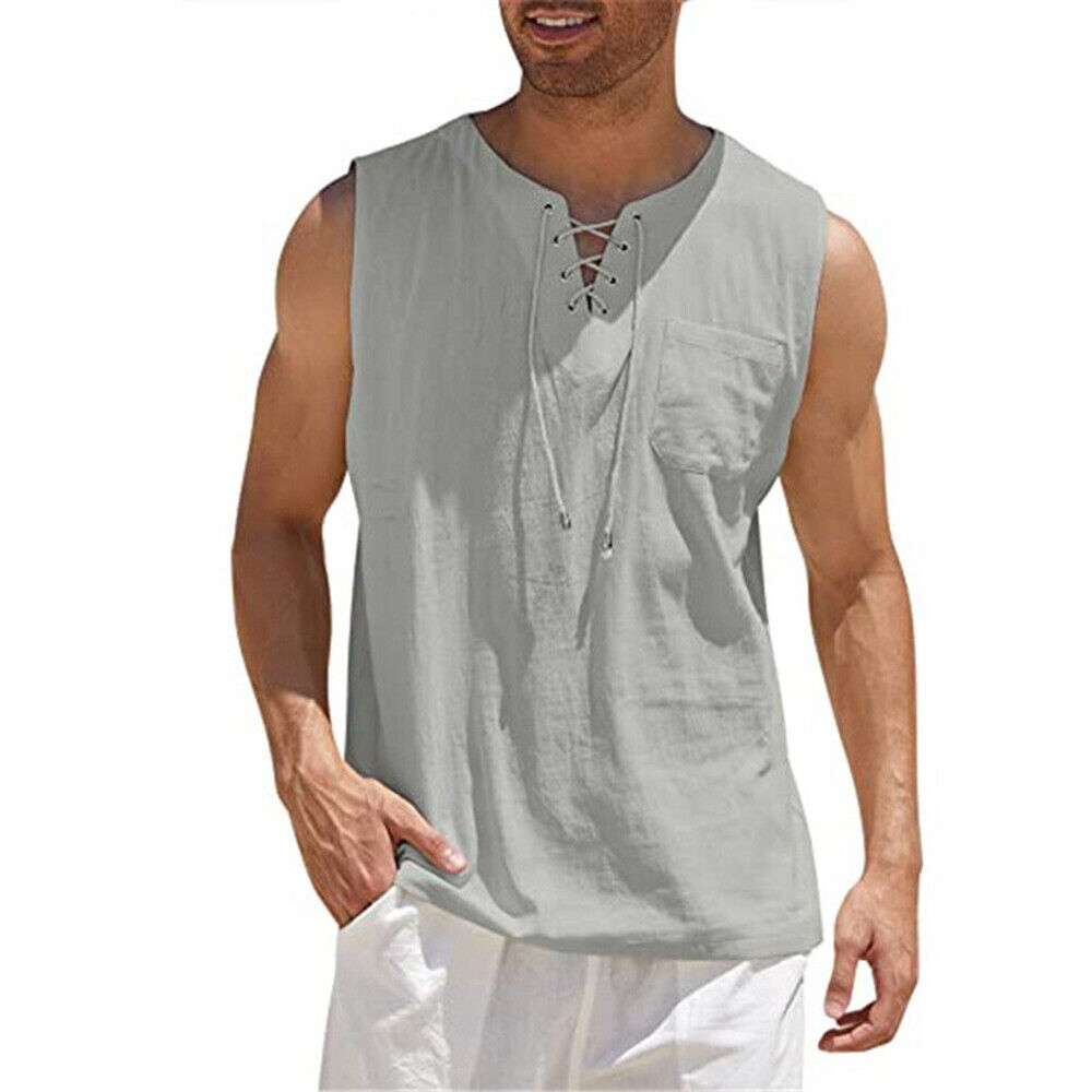 Mens Vest Cotton Linen Tank Top Summer Training Muscle Gym Tops Pack Plain M-3XL