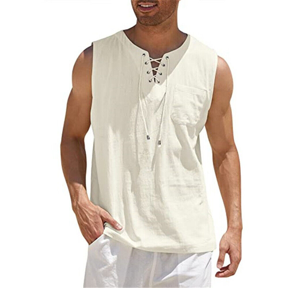 Mens Vest Cotton Linen Tank Top Summer Training Muscle Gym Tops Pack Plain M-3XL