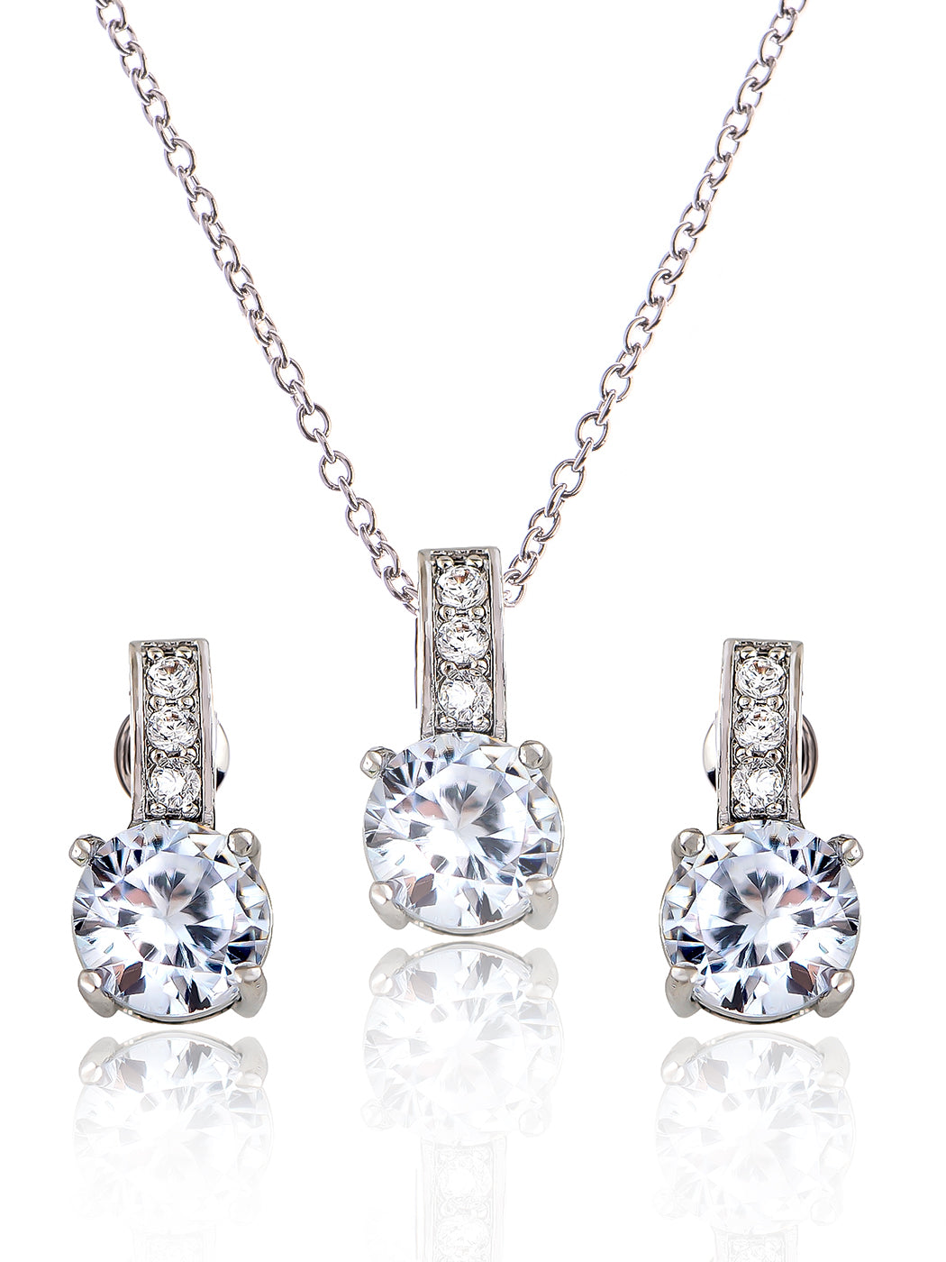 Sparkly Silvery Round Zirconia Pendant Necklace Stud Earrings Set - Picture 26 of 30