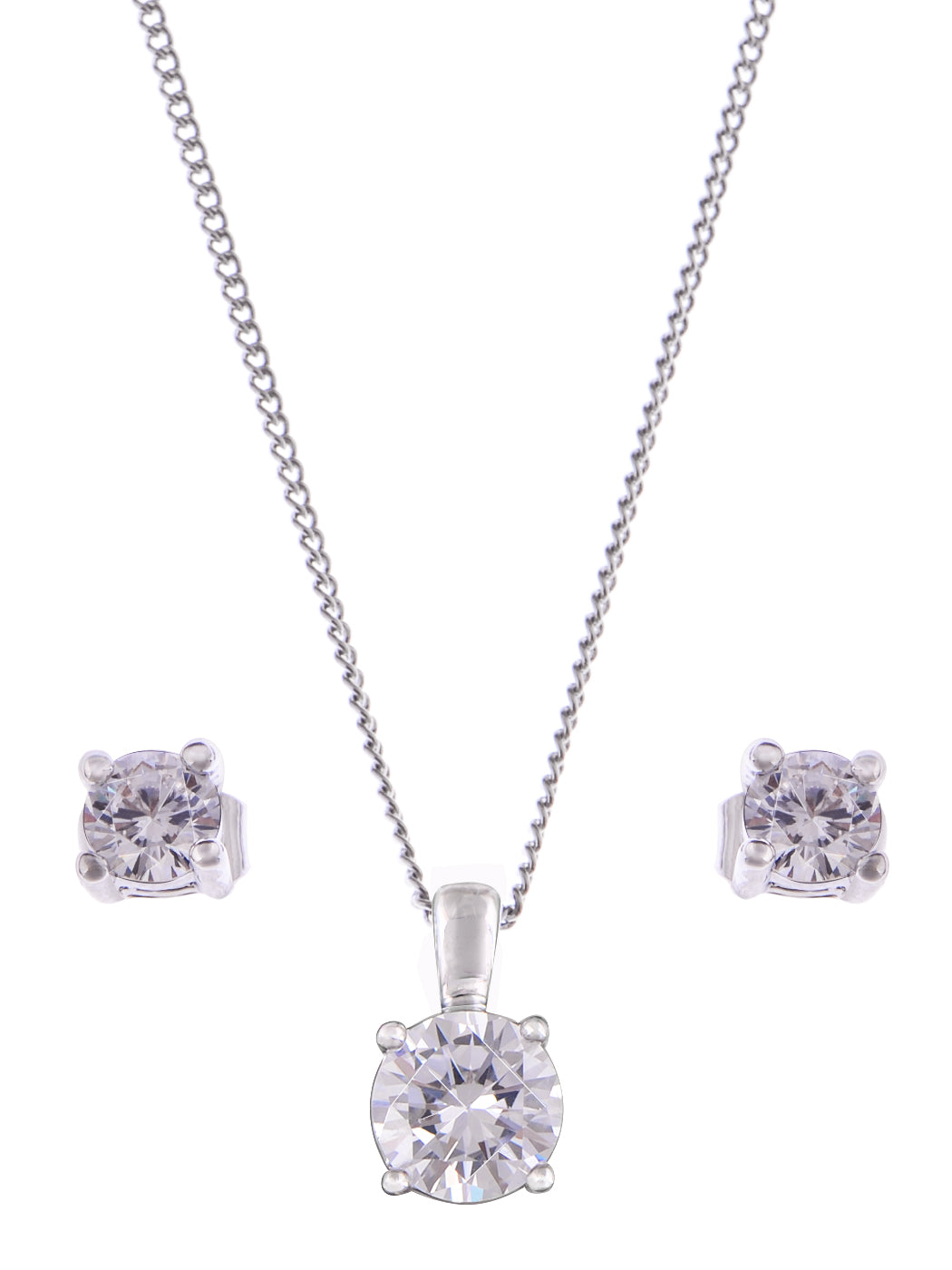 Sparkly Silvery Round Zirconia Pendant Necklace Stud Earrings Set - Picture 25 of 30