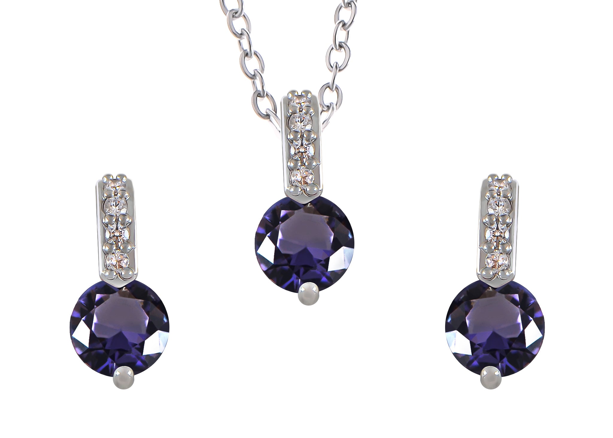Sparkly Silvery Round Zirconia Pendant Necklace Stud Earrings Set - Picture 27 of 30