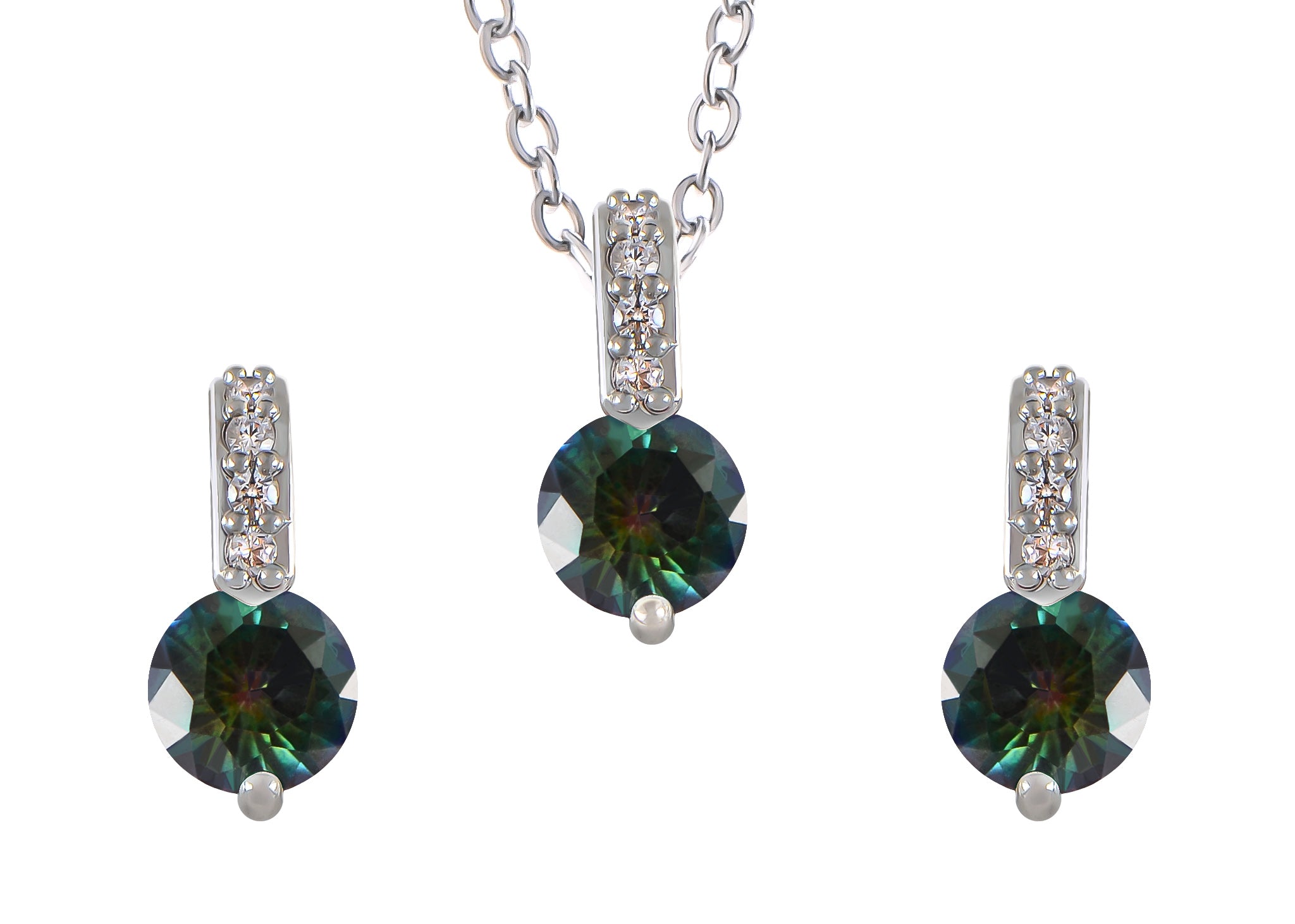 Sparkly Silvery Round Zirconia Pendant Necklace Stud Earrings Set - Picture 30 of 30