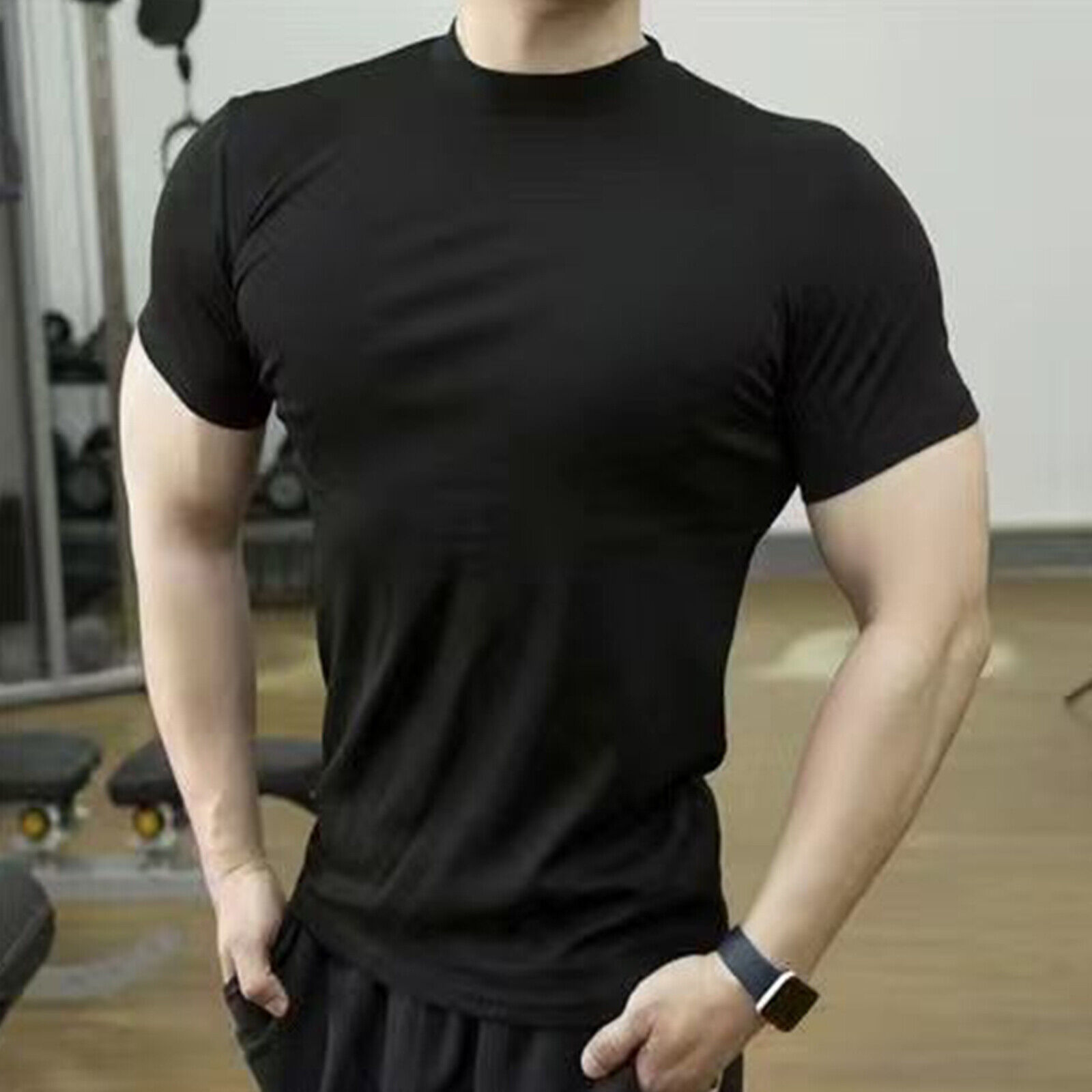 Mens Tops Short Sleeve T-Shirts Mock Neck Slim Fit Muscle Gym Running Sport Tee - Picture 14 of 24