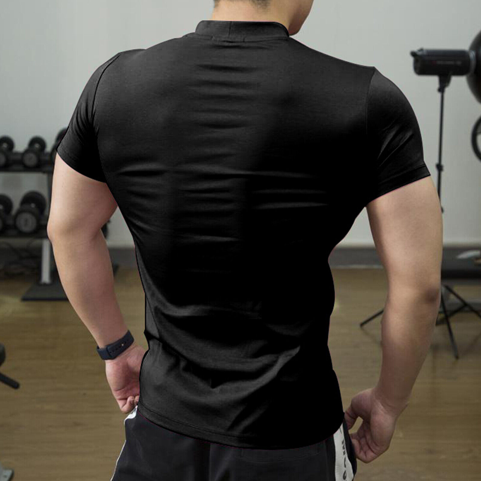 Mens Tops Short Sleeve T-Shirts Mock Neck Slim Fit Muscle Gym Running Sport Tee - Picture 15 of 24