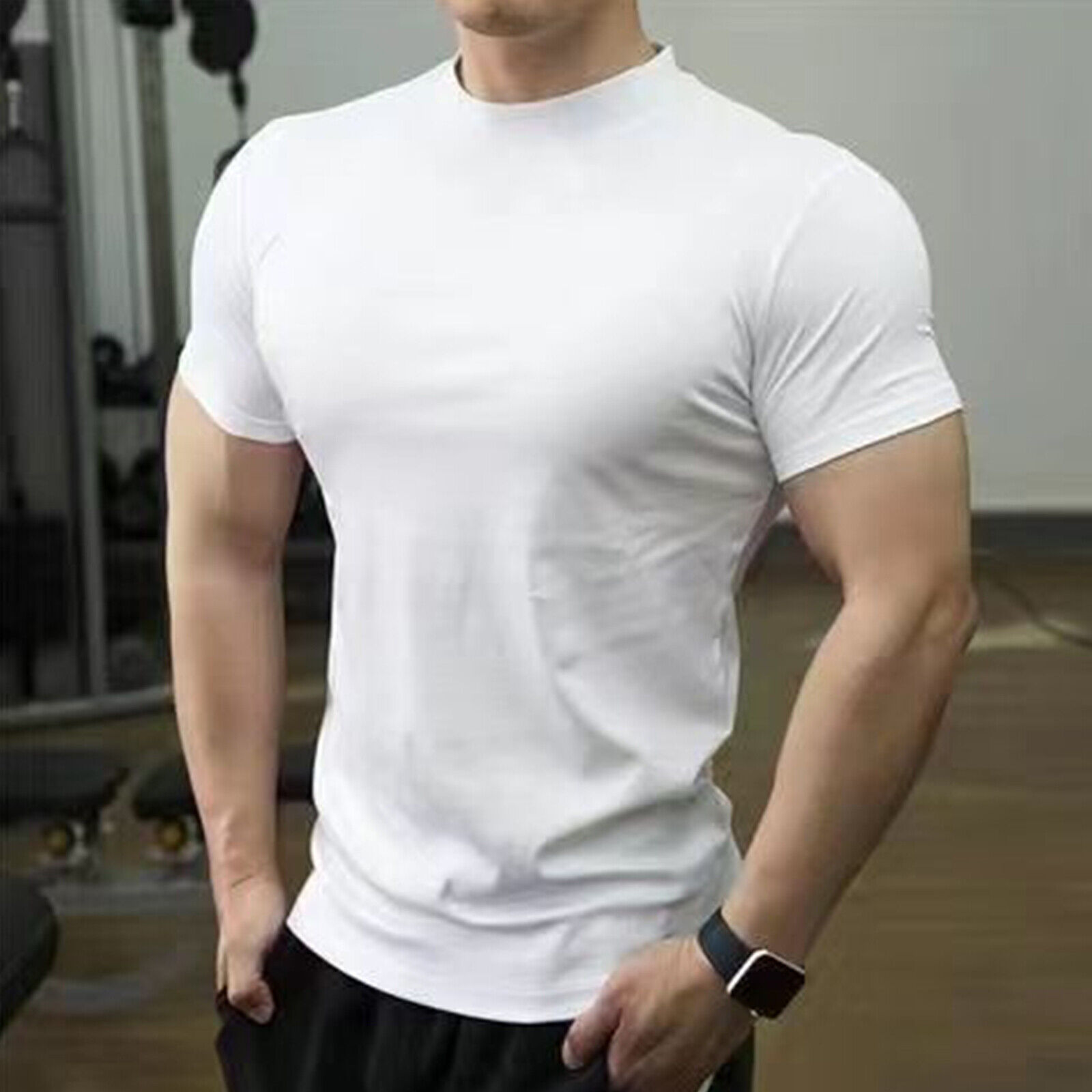 Mens Tops Short Sleeve T-Shirts Mock Neck Slim Fit Muscle Gym Running Sport Tee - Picture 20 of 24