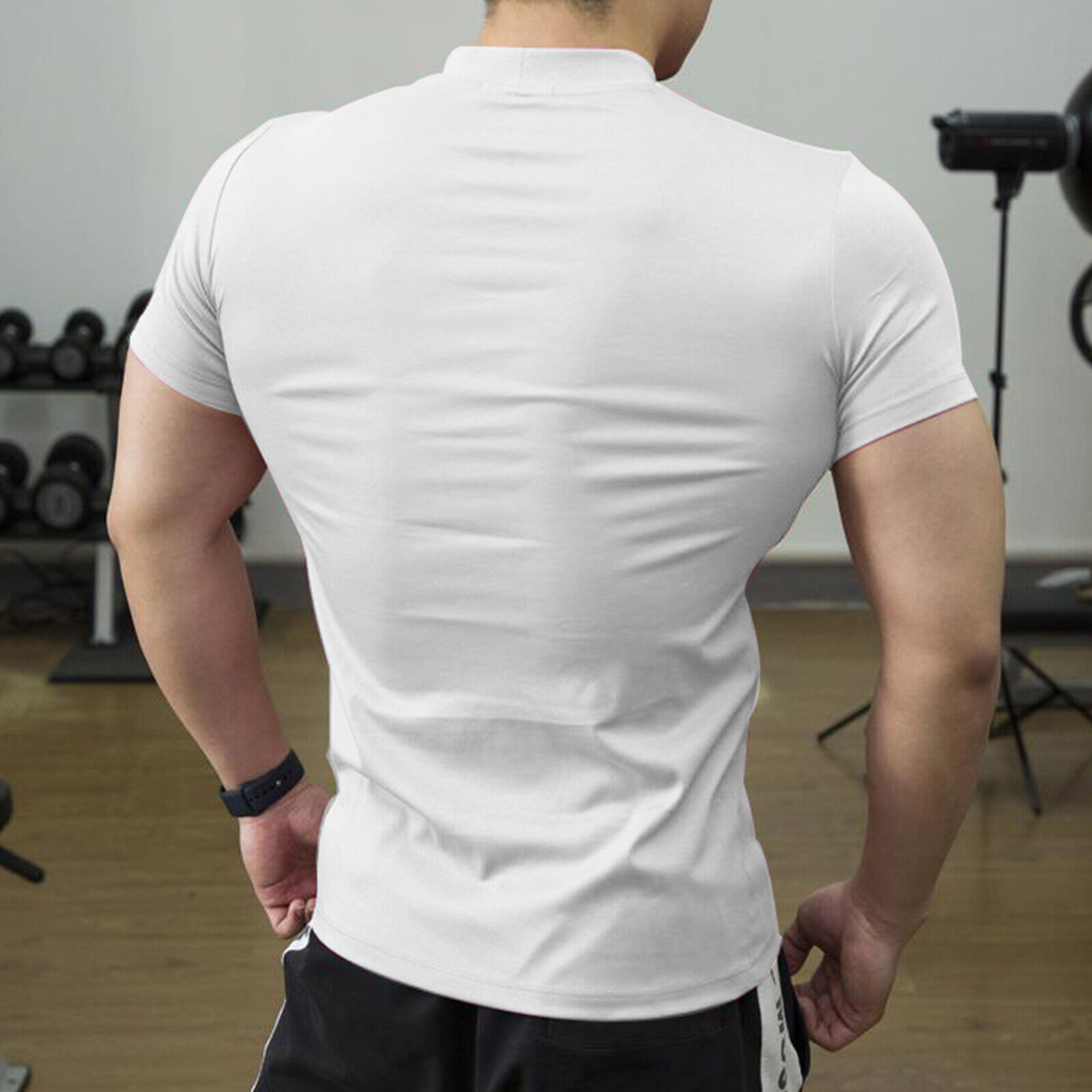 Mens Tops Short Sleeve T-Shirts Mock Neck Slim Fit Muscle Gym Running Sport Tee - Picture 21 of 24