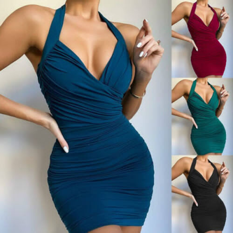 Sommer Neu Modisch Einfarbig V-Ausschnitt Hängeausschnitt Engpass Kleid - Bild 14 von 16