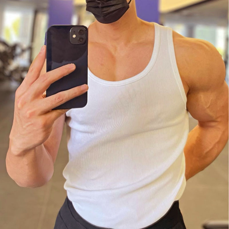 Men Ribbed Cotton Gym Fitness Muscle Tank Workout Bodybuilding Plain Vest Tops