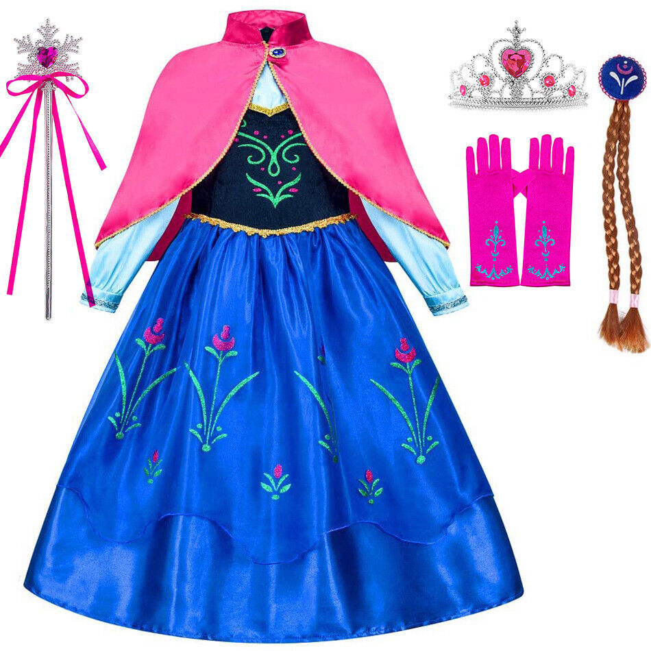 Kids Girls Anna Elsa Princess Costume Party Cosplay Fancy Dress Wig Hoodie Cape - Picture 26 of 34