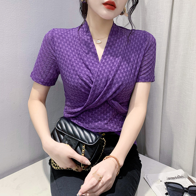 Korean Women Cross V-neck Cocktail Short Sleeve Mesh Party T-shirt Tops Blouse