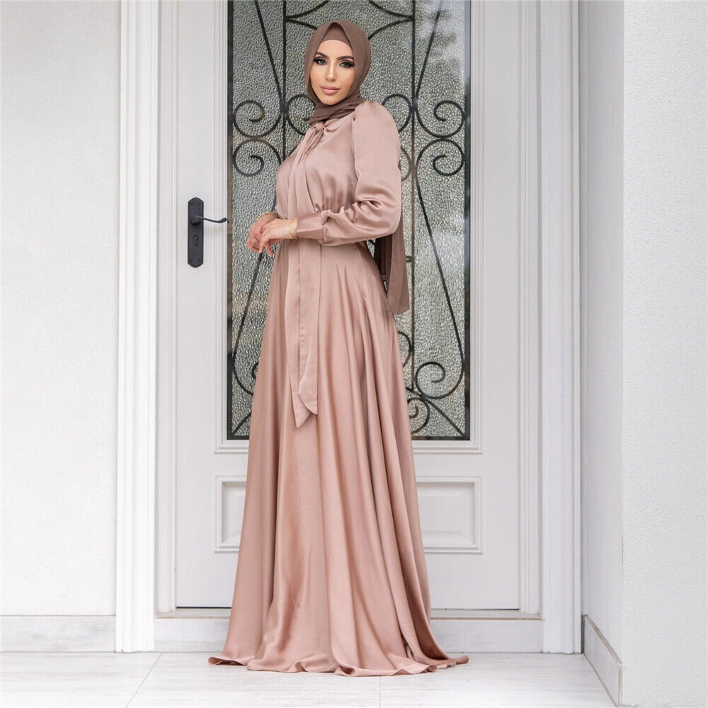 Fashion Muslim Women Satin Abaya Long Maxi Dress Turkey Kaftan Robe Party Gown - Picture 14 of 20