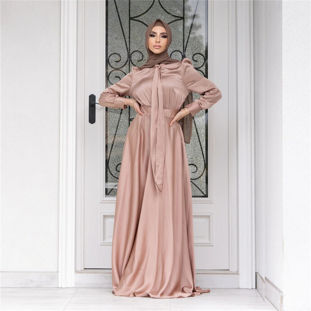 Fashion Muslim Women Satin Abaya Long Maxi Dress Turkey Kaftan Robe Party Gown - Picture 15 of 20