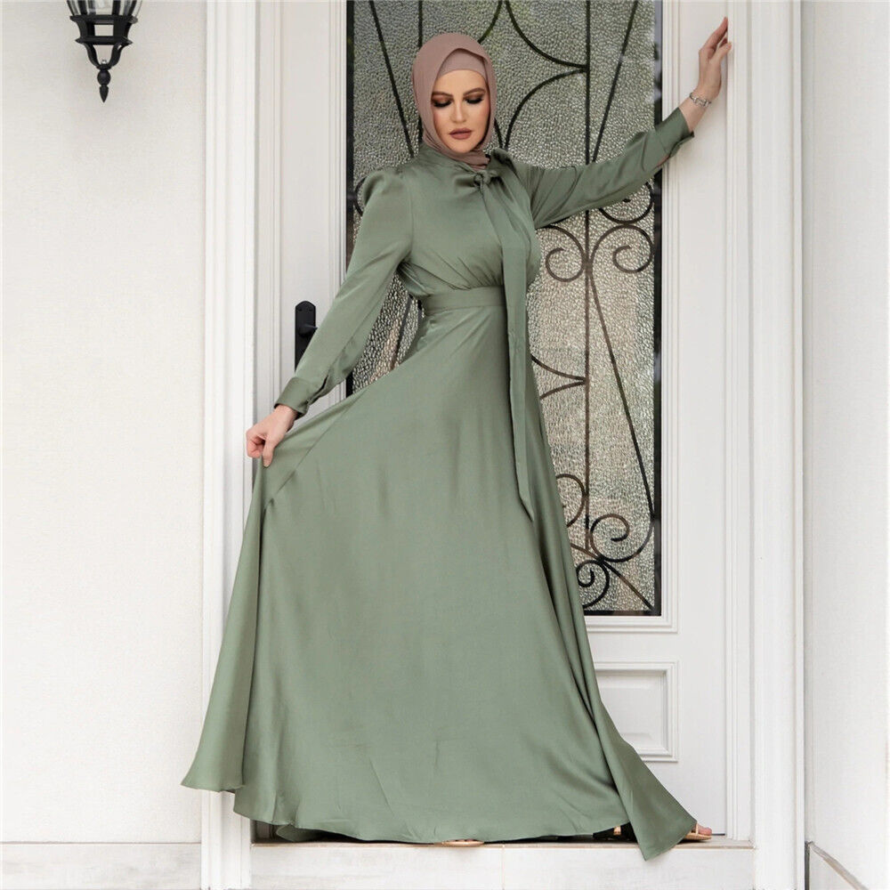 Fashion Muslim Women Satin Abaya Long Maxi Dress Turkey Kaftan Robe Party Gown - Picture 17 of 20