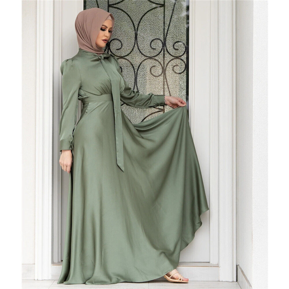 Fashion Muslim Women Satin Abaya Long Maxi Dress Turkey Kaftan Robe Party Gown - Picture 18 of 20