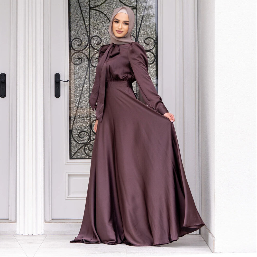 Fashion Muslim Women Satin Abaya Long Maxi Dress Turkey Kaftan Robe Party Gown - Picture 20 of 20
