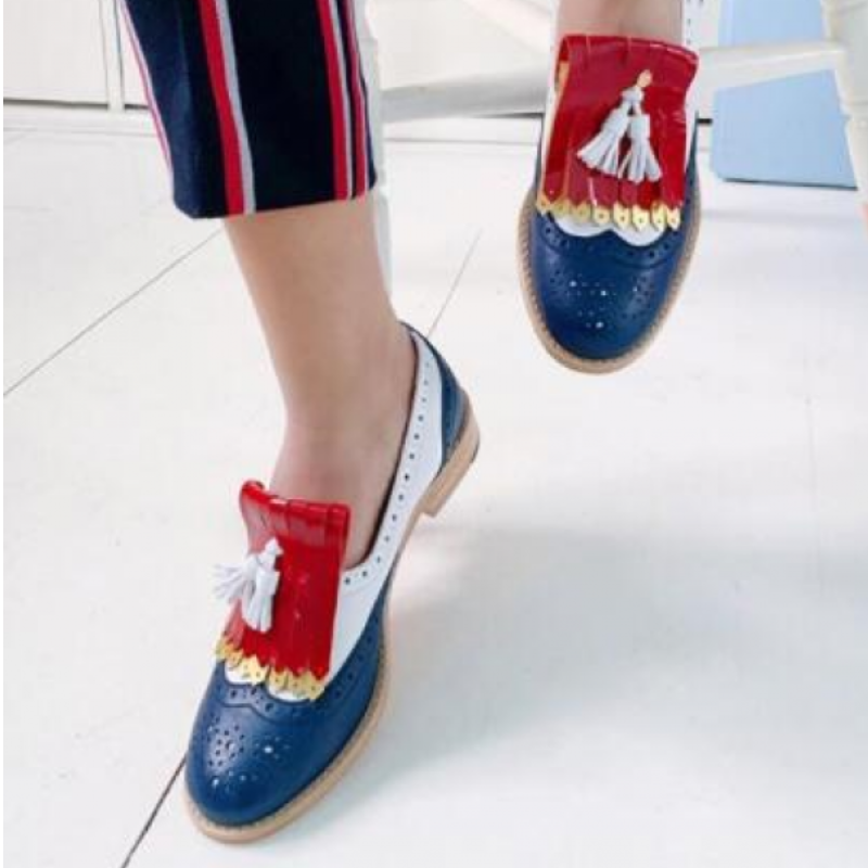 Womens Brogues Round Toe Slip On Low Heel Tassel Retro Oxfords Shoes