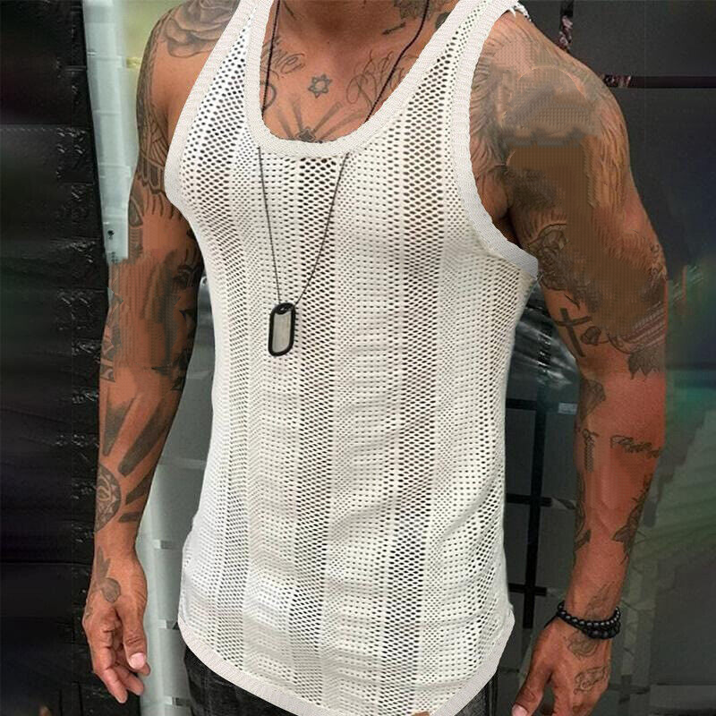 Men Tank Tops Hollow Out Sleeveless T Shirt Summer Slim Fit Gym Workout Vest Top