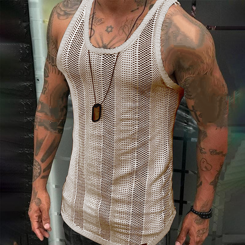 Men Sleeveless T Shirt Summer Slim Fit Tank Tops Hollow Out Gym Workout Vest Top