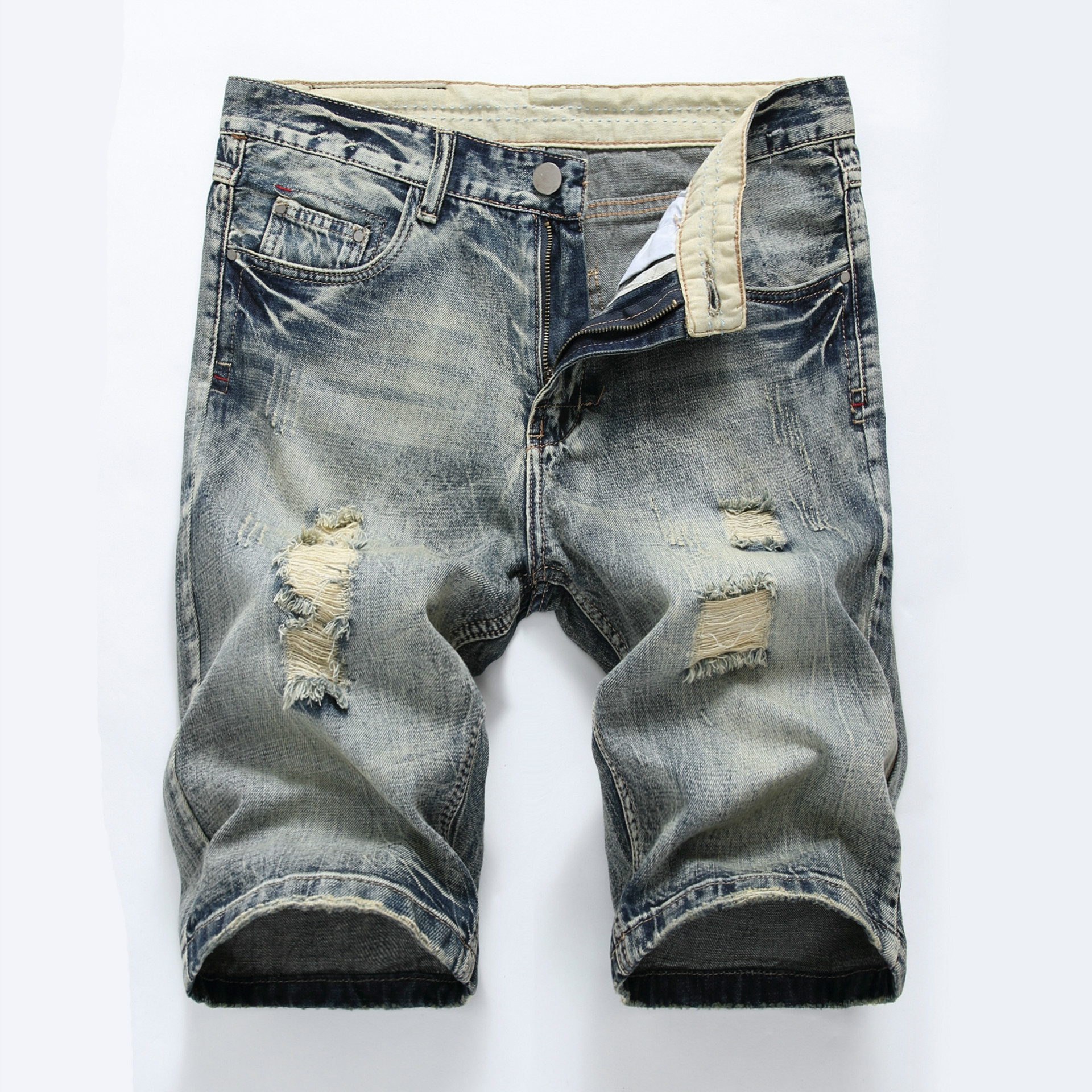 Men Summer Slim Fit Casual Short Pant Denim Shorts Distressed Ripped Retro Jeans