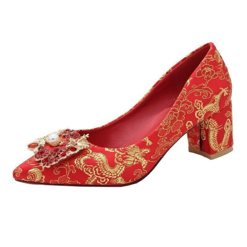 Chinese Style Women Wedding Shoes Low Thick Heel Pumps High Heels Stilettos - Picture 14 of 16
