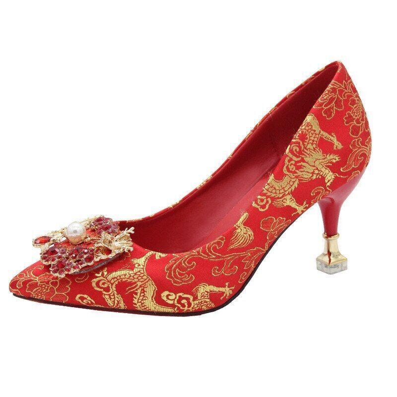 Chinese Style Women Wedding Shoes Low Thick Heel Pumps High Heels Stilettos - Picture 16 of 16