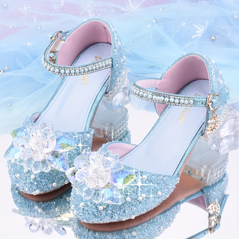 Kids Girls Elsa Pearl Elegant Princess Shoes Sequin Rhinestone Low Heel Shoes UK - Picture 21 of 23