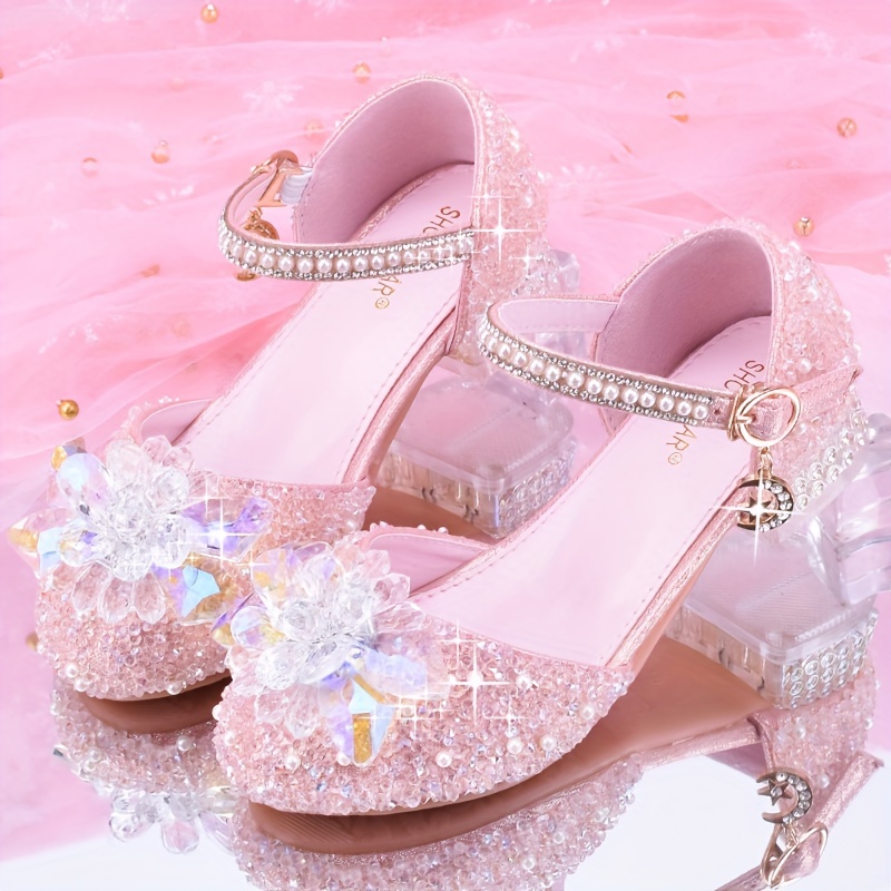 Kids Girls Elsa Pearl Elegant Princess Shoes Sequin Rhinestone Low Heel Shoes UK - Picture 19 of 23