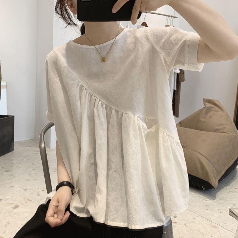 Women's Irregular Cotton Linen T-Shirt Loose Crew Neck Short Sleeve Top Blouse