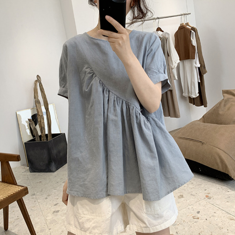 Women's Irregular Cotton Linen T-Shirt Loose Crew Neck Short Sleeve Top Blouse