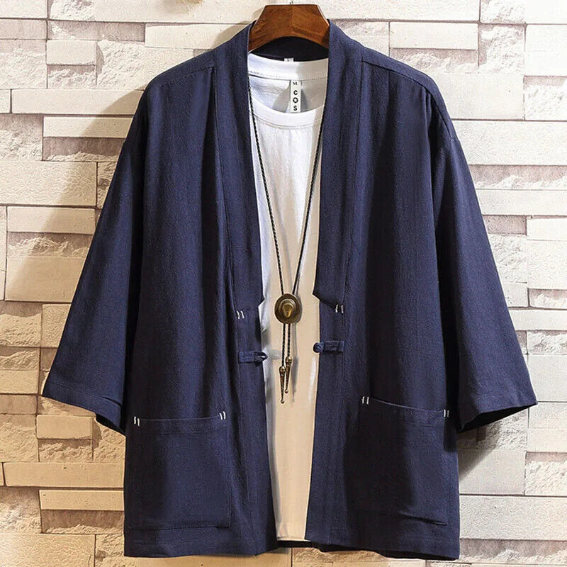 PLUS SIZE KIMONO Men Cardigan Japanese Kimono Shirt Cotton Linen Coat ...