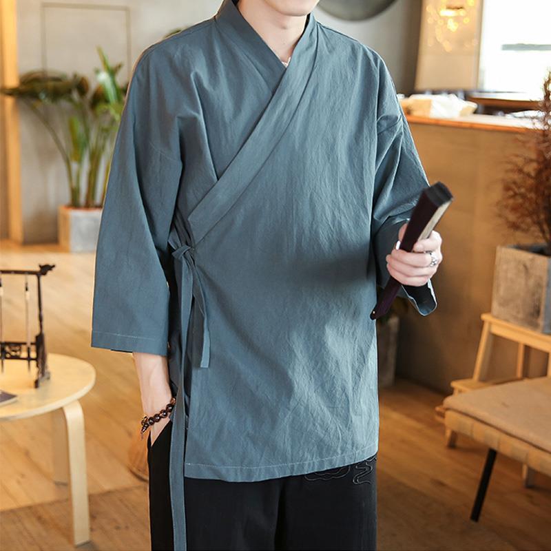 Hombres Abrigo Kimono Japonés Prendas para el torso Vintage Chino Lino Algodón Cárdigan Camisas Sueltas - Imagen 20 de 22