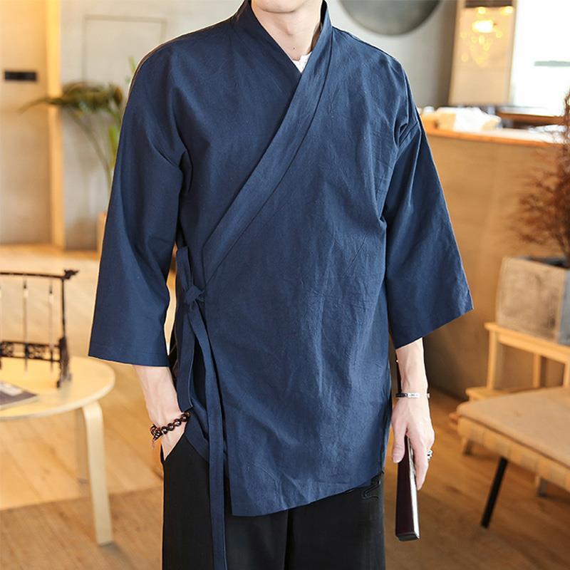 Hombres Abrigo Kimono Japonés Prendas para el torso Vintage Chino Lino Algodón Cárdigan Camisas Sueltas - Imagen 21 de 22