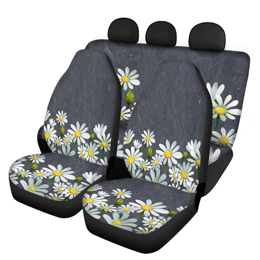 Chamomile Printing Universal Front Rear Car Seat Cover Auto 4 Pack Set for Women - Picture 7 of 11
