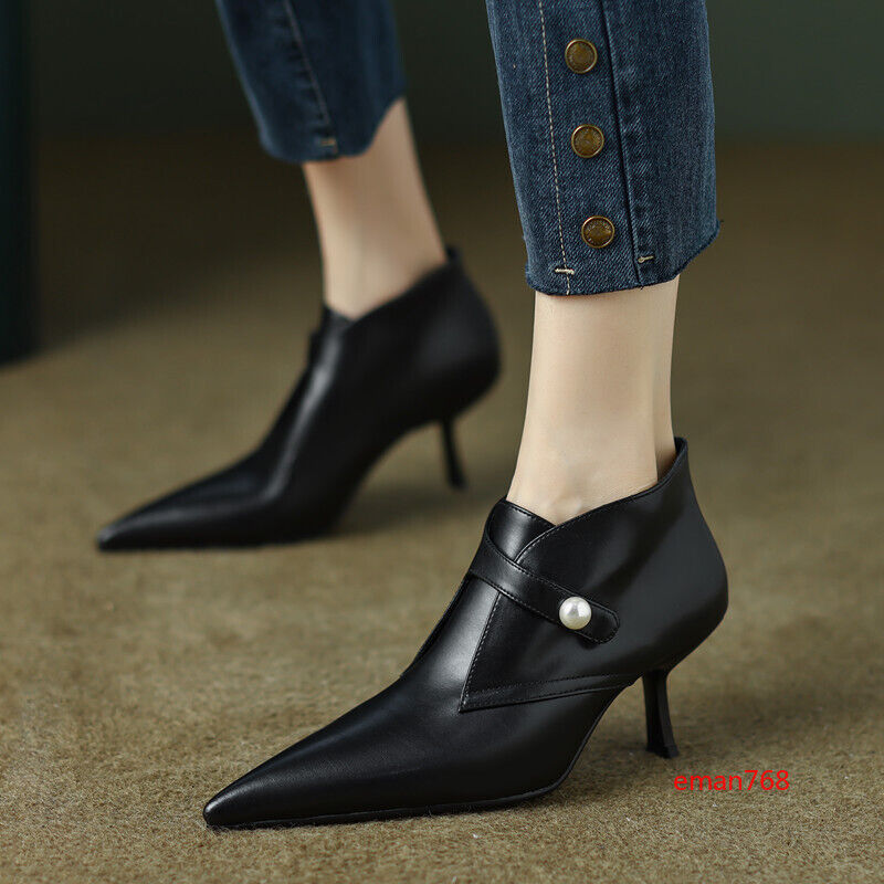 Women's Pointed Toe Fashion Real Leather Kitten Heel Booties Low Top Ankle Boots - Picture 13 of 16