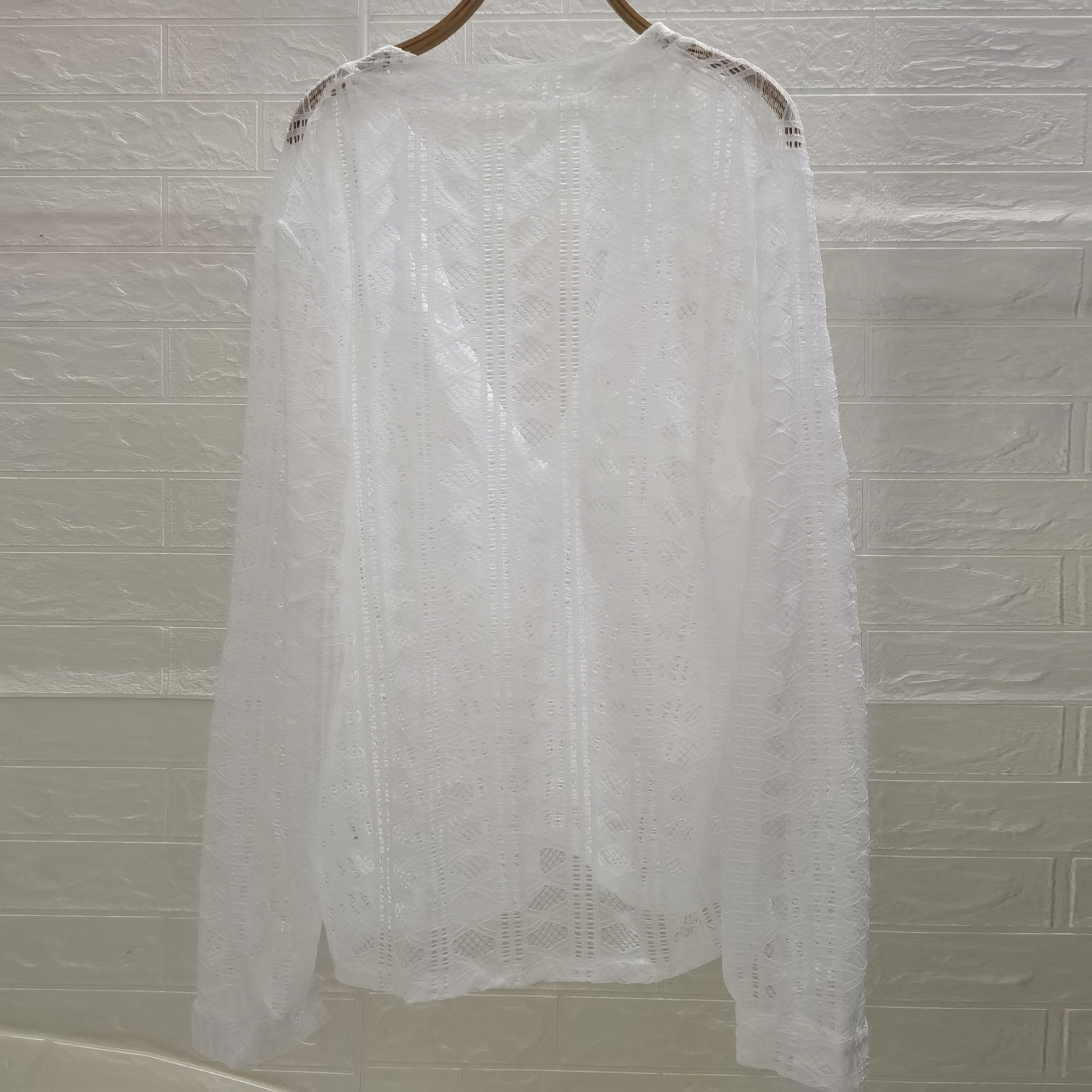 Men's V-Neck Lace Long Sleeved T-Shirt with Transparent Mesh Elastic Shirt Base - Picture 7 of 7