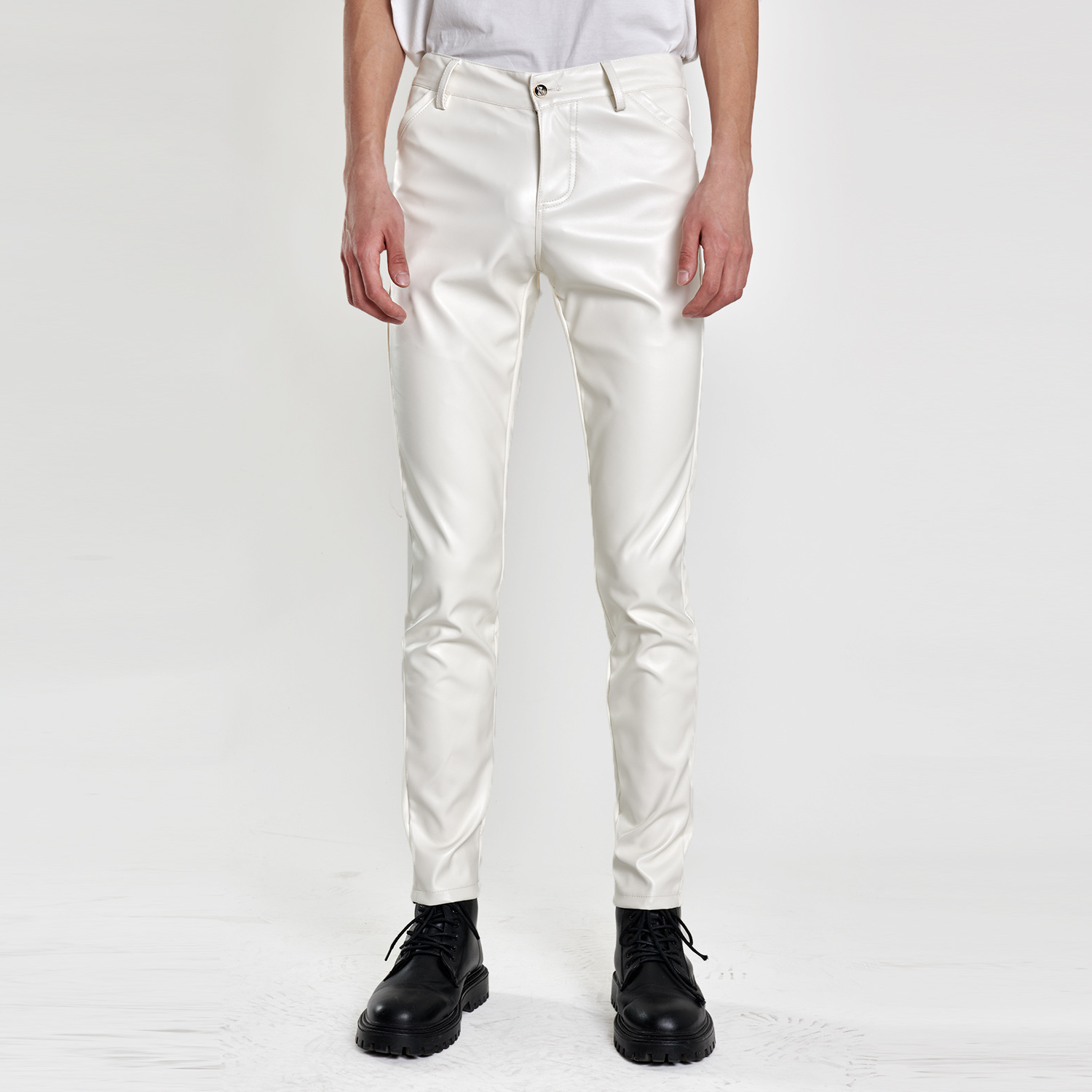 Thin Men's Elastic Slim Fit Fashionable Bar Leather Pants Men's Long Pants - Picture 14 of 17