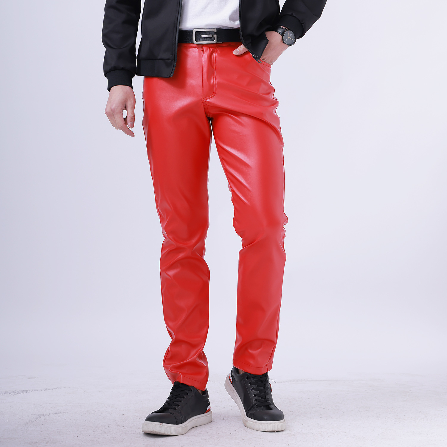 Elastic Slim Fit and Moisture Resistant Dance Performance Bar Men's Leather Pant - Picture 9 of 12