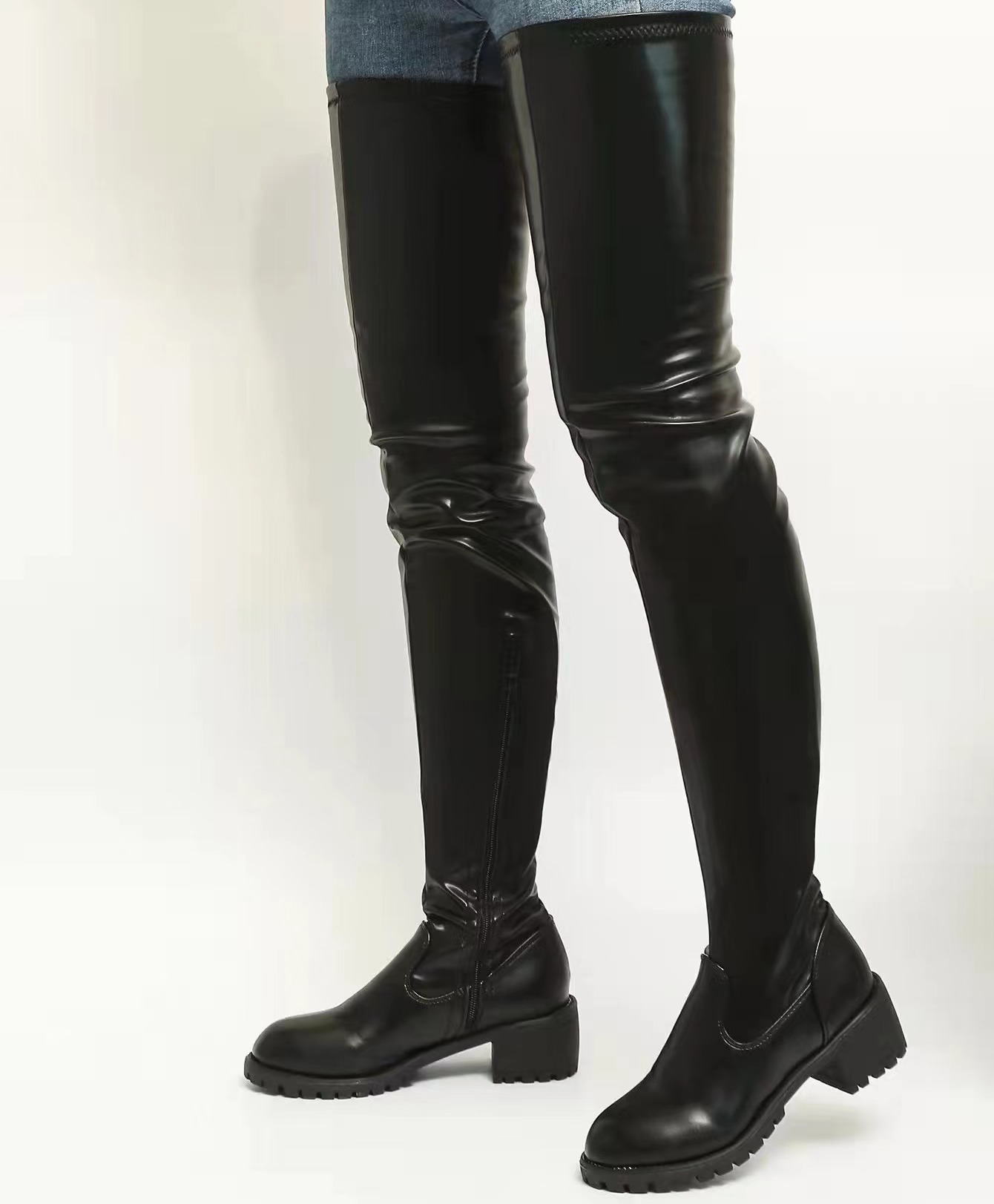Women Round Toe Solid Stretch Thigh High Boots Side Zip Low Block Heel Flat - Picture 15 of 16