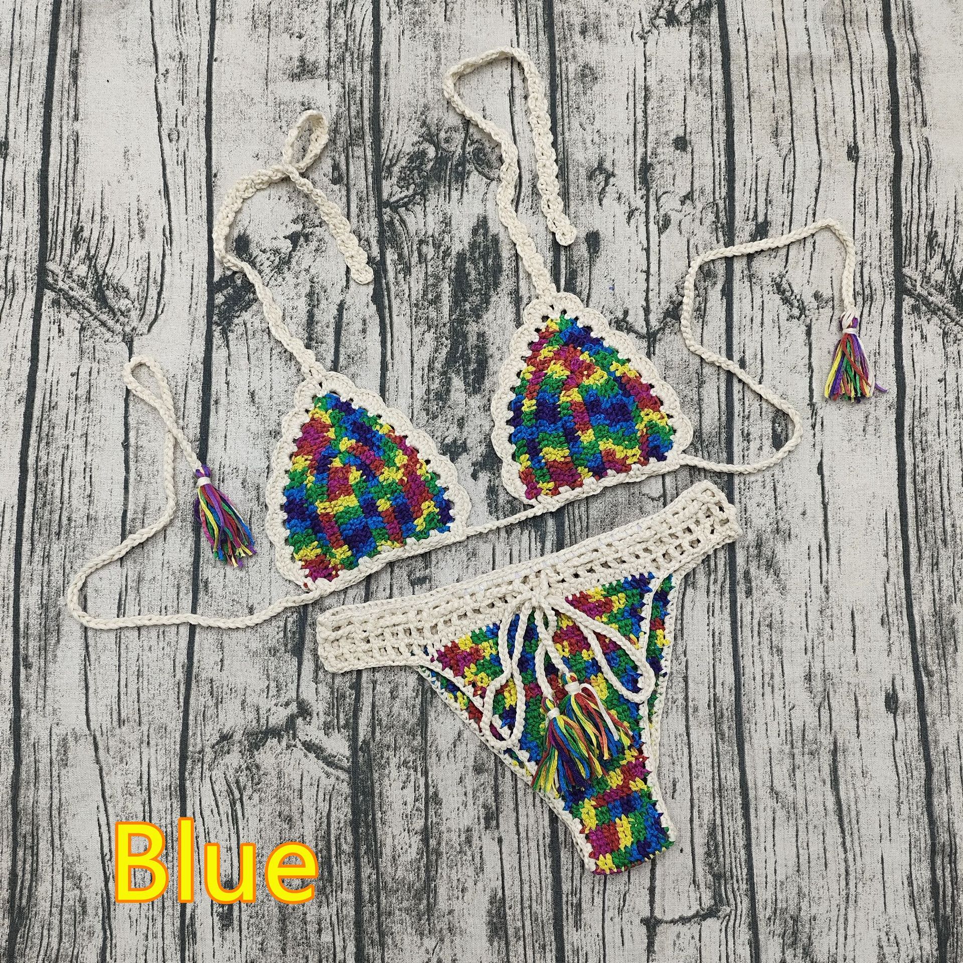 Women Crochet Sexy Bikini Set Swimsuit Bra Briefs Boho Hollow Sunbathing - Picture 10 of 11