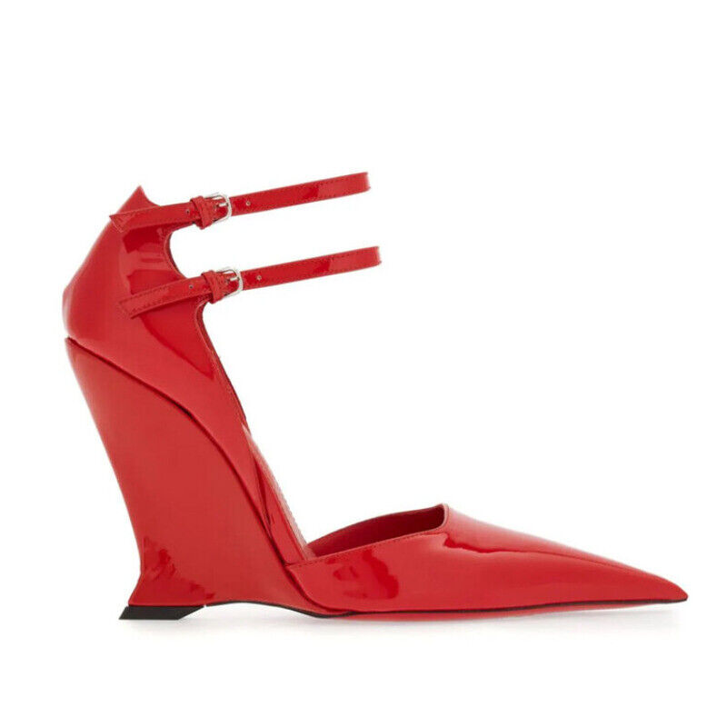 Womens Spring Patent Leather Pointed Toe Wedge Heels Buckle Straps Casual Shoes - Picture 17 of 24