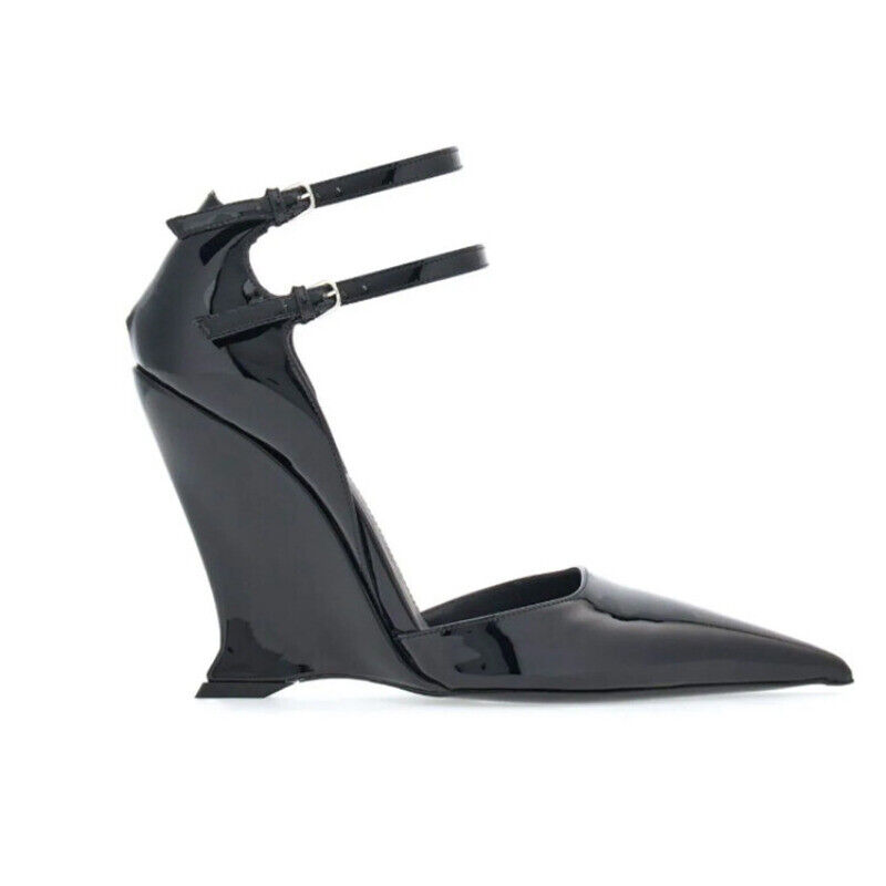 Womens Spring Patent Leather Pointed Toe Wedge Heels Buckle Straps Casual Shoes - Picture 18 of 24