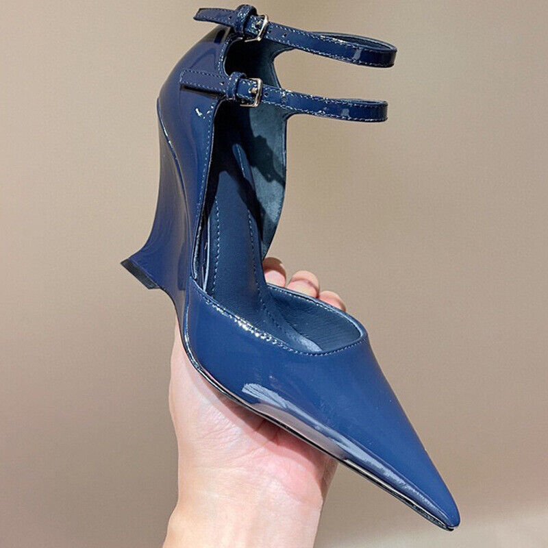 Womens Spring Patent Leather Pointed Toe Wedge Heels Buckle Straps Casual Shoes - Picture 22 of 24