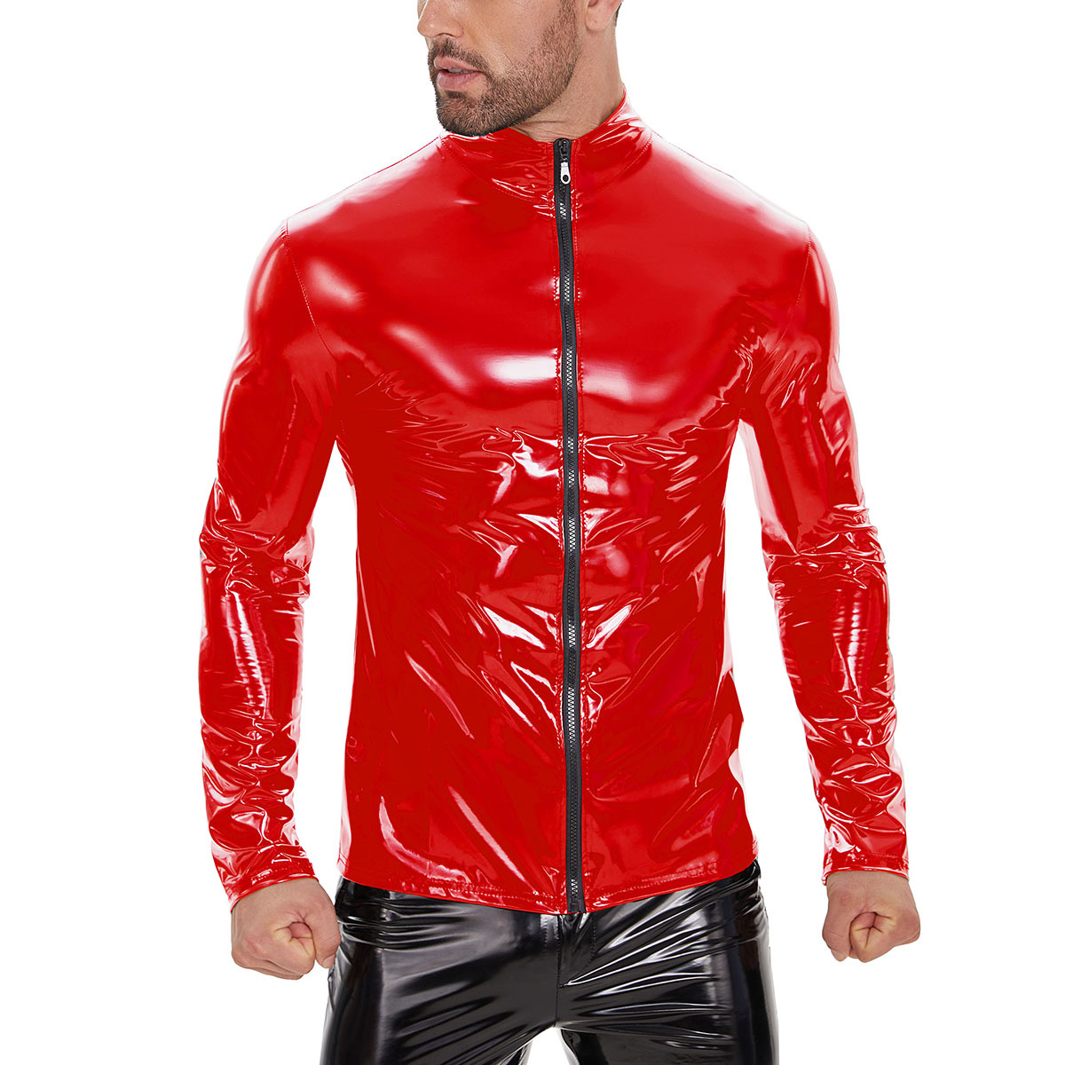 Men's Nightclub Fun Pvc High Gloss Patent Leather Jacket Sexy Leather Jacket - Picture 6 of 7