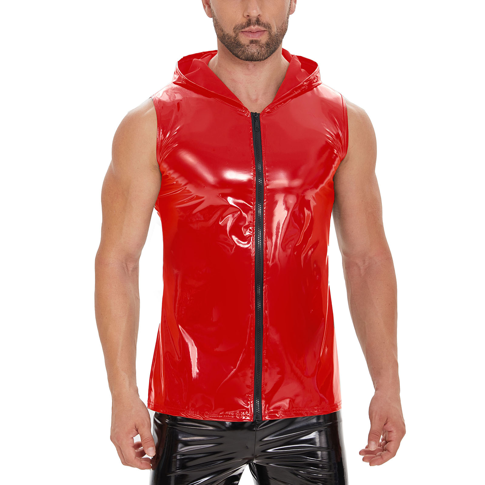Men's Nightclub Stage Outfit Vest with Shiny Leather Hooded Sleeveless Vest - Picture 7 of 7