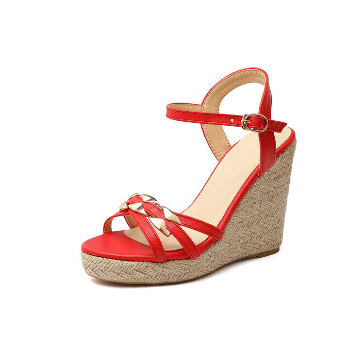 Zapatos para dama Cuero PU Cuña Tacones altos Correa al tobillo Sandalias Plataforma Zapatos Talla - Imagen 27 de 41