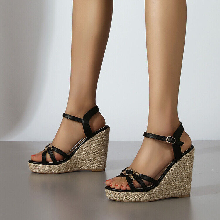 Zapatos para dama Cuero PU Cuña Tacones altos Correa al tobillo Sandalias Plataforma Zapatos Talla - Imagen 37 de 41