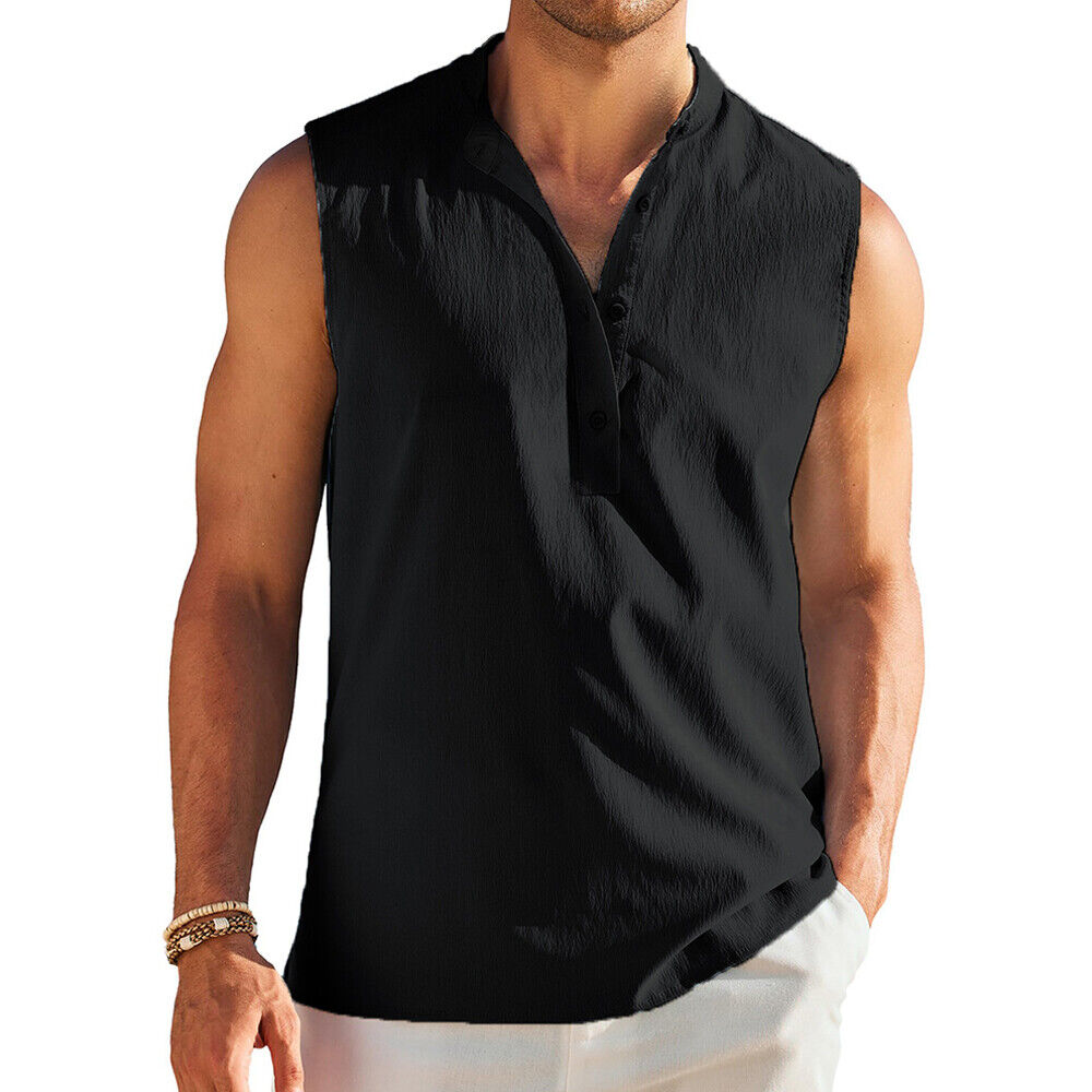 Men Button Tank Top Workout Casual Muscle Tee T-Shirt Sleeveless Gym Sports Vest